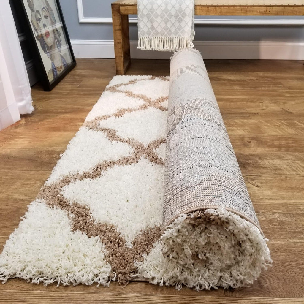 Shag Area Rug, New Moroccan Trellis Ivory, Everyday Use, (60 inch x 84 inch)