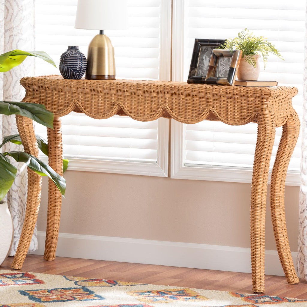 Deborah Natural Rattan Console Table - Handwoven Wicker Accent Table with Cabriole Legs, Scalloped Coastal Cottage