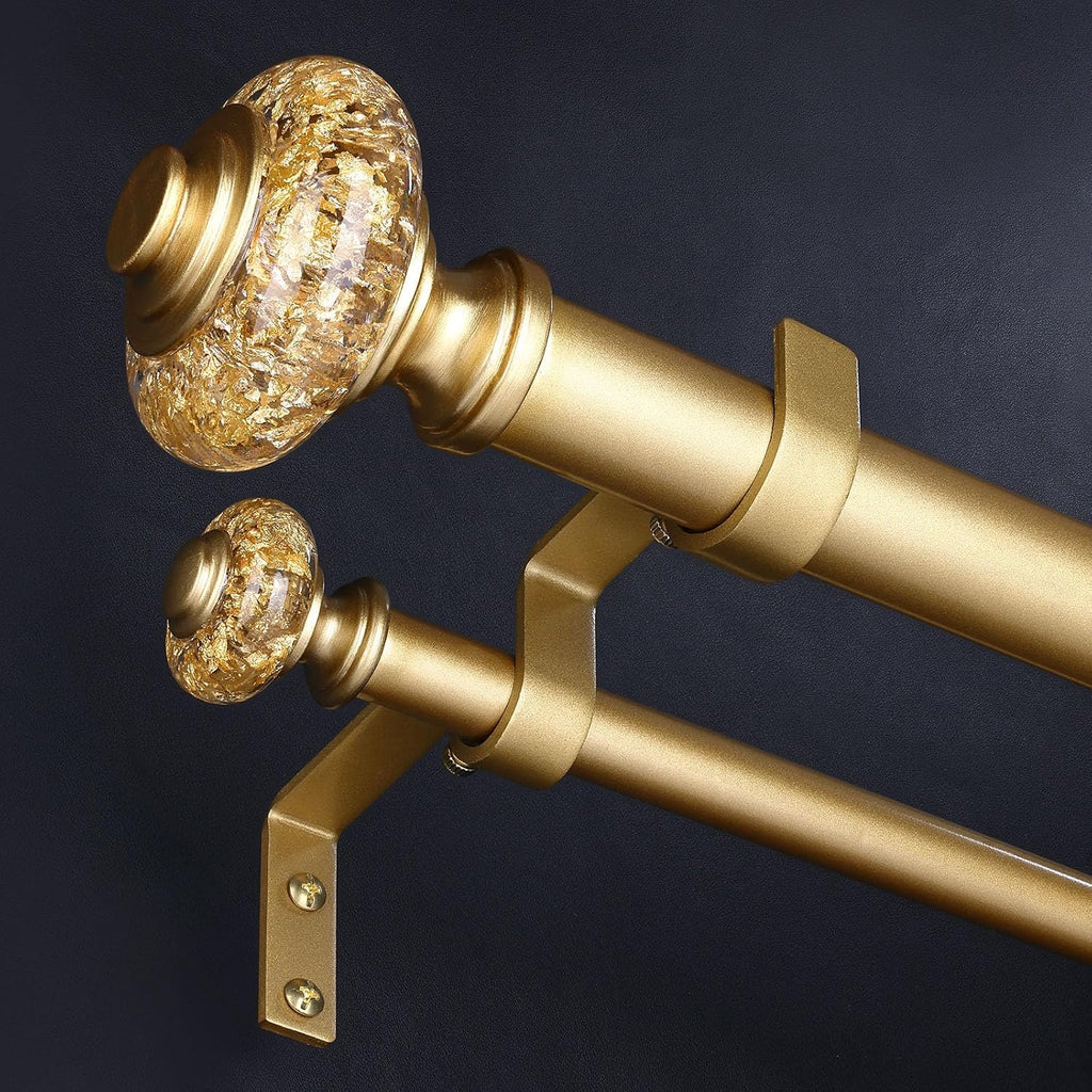 Gold Double Curtain Rod 36 to 76 Inch, 1 Inch Adjustable Decorative Crystal Dual Curtain Rod, Heavy Duty Vintage