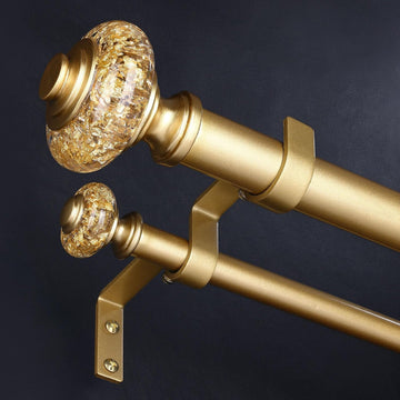 Gold Double Curtain Rod 36 to 76 Inch, 1 Inch Adjustable Decorative Crystal Dual Curtain Rod, Heavy Duty Vintage