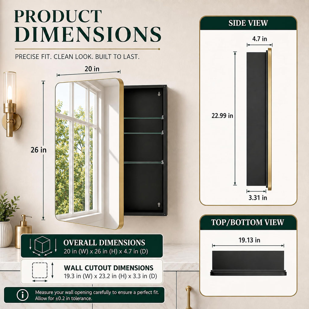 20x26 Inch Brushed Gold Medicine Cabinet with Mirror, Aluminum Recessed or Surface Mount, 4 Stepless Glass Shelves