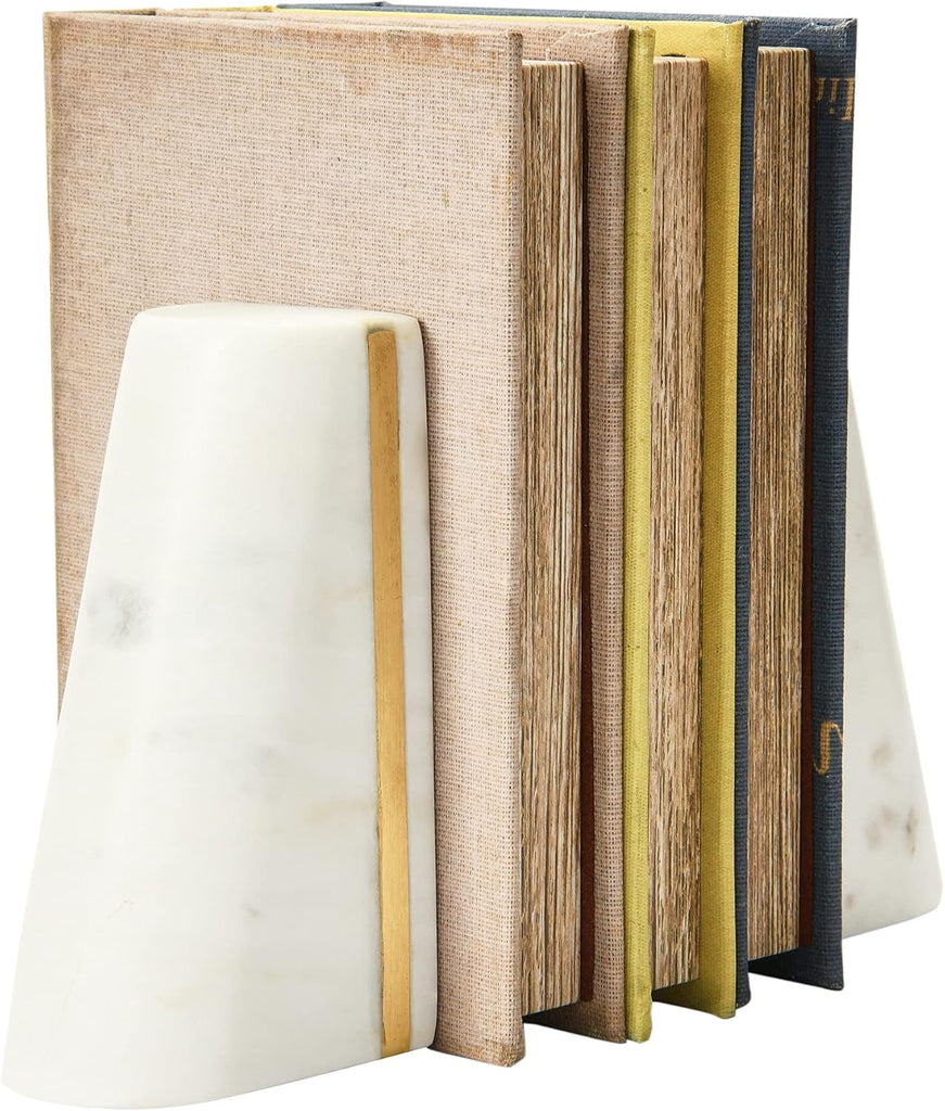 Geometric Marble Bookends with Brass Inlay, White