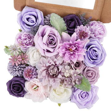 Artificial Combo Box Purple Fake Silk Flower Dahlia Roses for Wedding Bridal Bouquets, Baby Shower, Birthday, Floral