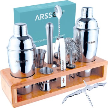 Mixology Bartender Kit 16-Piece Premium Stainless Steel Cocktail Shaker Set & Stylish Bamboo Stand | Perfect Home - Set of 15