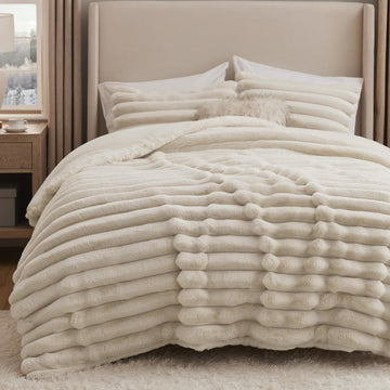 Faux Fur Queen Comforter Set, Striped Fluffy Bedding Sets Beige