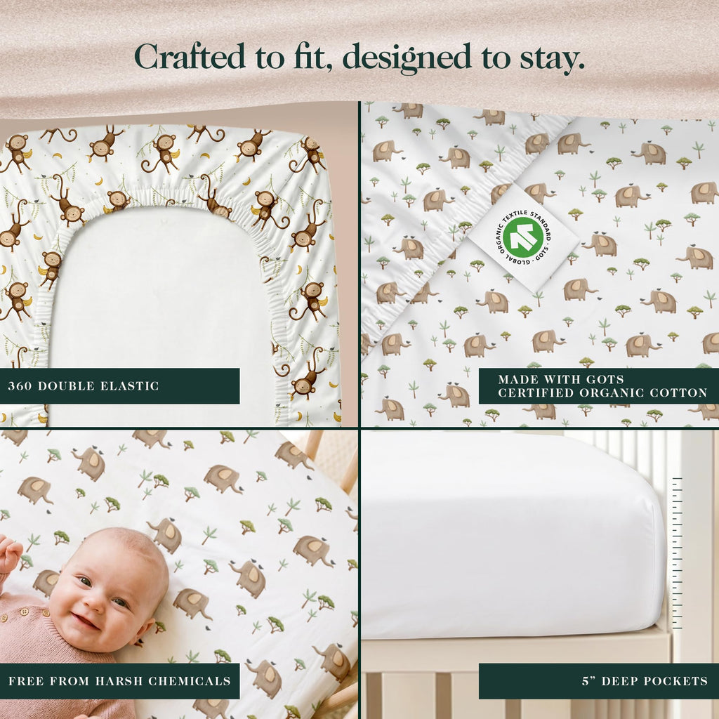 100% Organic Cotton Mini Crib Sheets, 27" x 39", Safari, 3-Pack