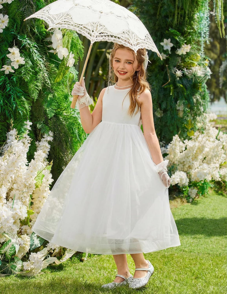 Flower Girl Dress V-Back Bowknot Formal Party Long Tulle Dresses
