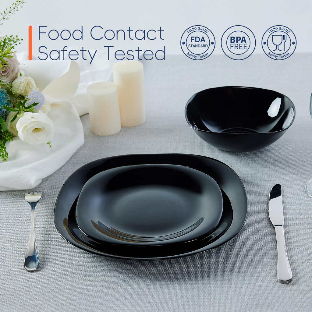 Square Dinnerware Sets for 4, 12 Piece Black Opal Glass Set