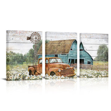 Farmhouse Red Truck Wall Art 12x16 Inch x3 Panels