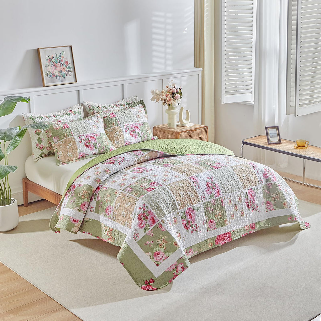 Patchwork Quilt Set, 3 Pieces Green White Pink Floral Plaid Reversible American Country Bedspread Coverlet