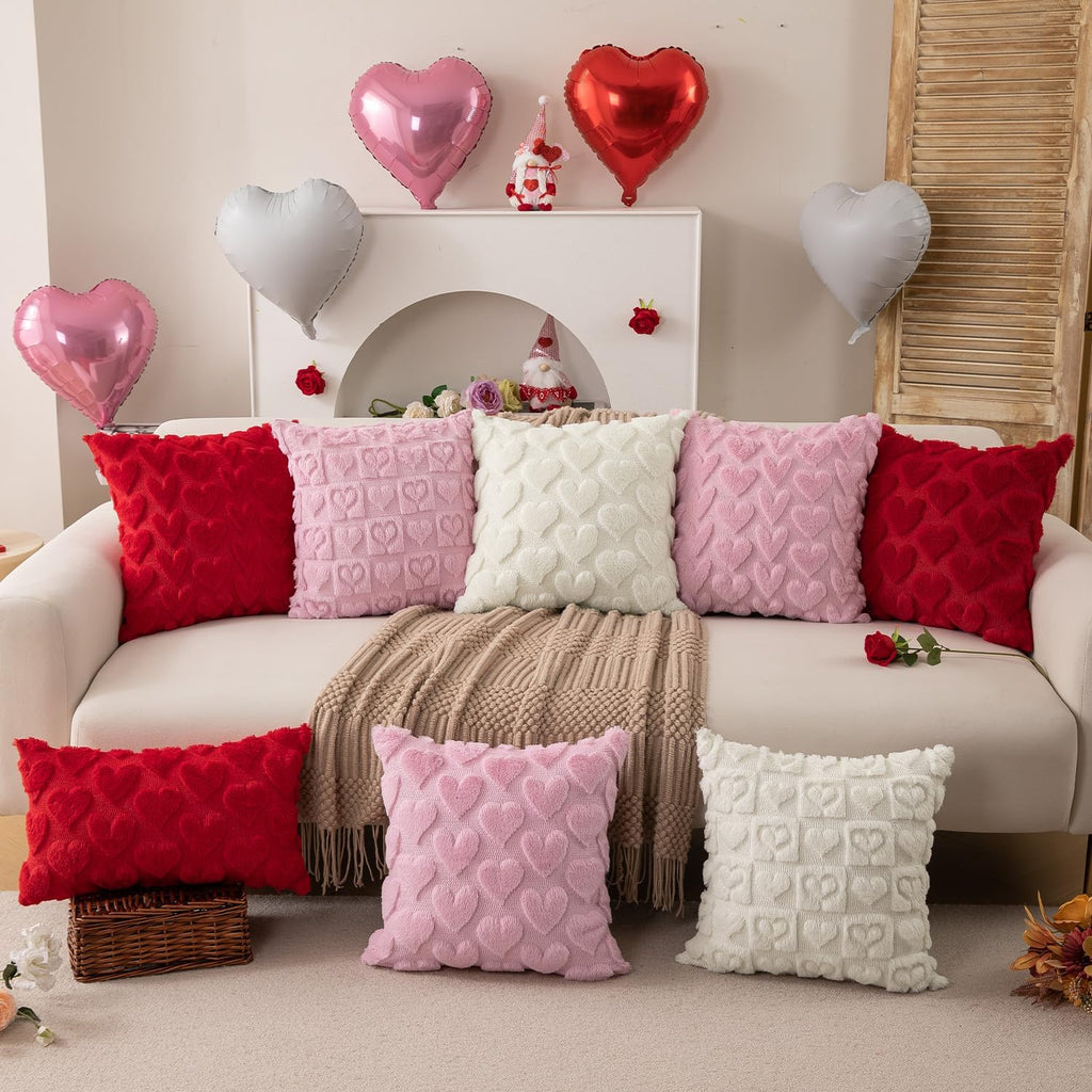 Valentines Pillow Covers 18x18 inch Valentines Day Decoration Red Heart Soft Plush Faux Fur Jacquard Throw - Set of 2