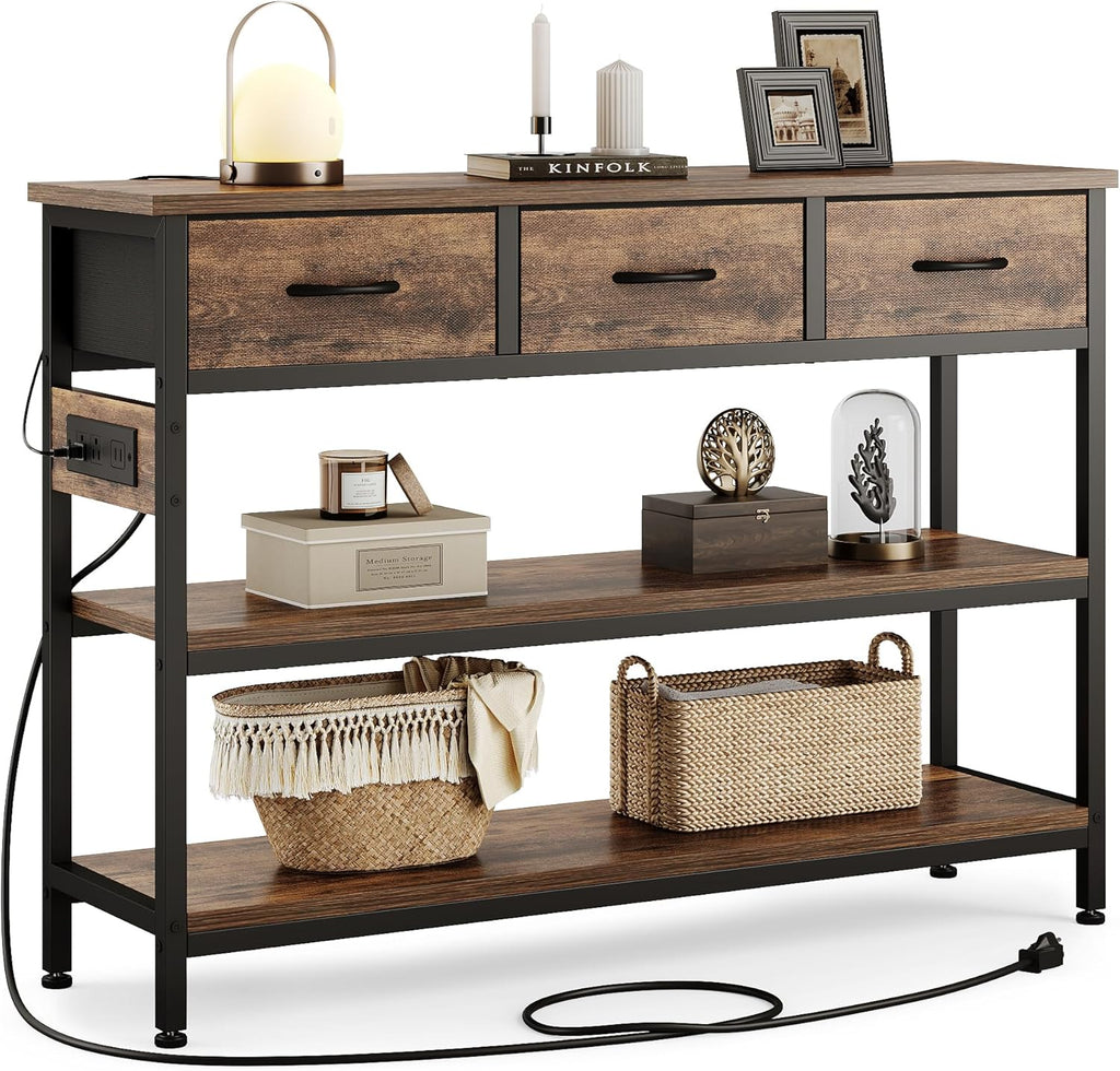 Entryway Table with Outlets, 3 Fabric Drawers, 43 in Console Table | 43.3"W x 11.8"D entry table with 2 outlets, 2