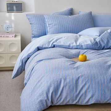 Washed Cotton Blue Vertical Striped Duvet Cover Full Jacquard