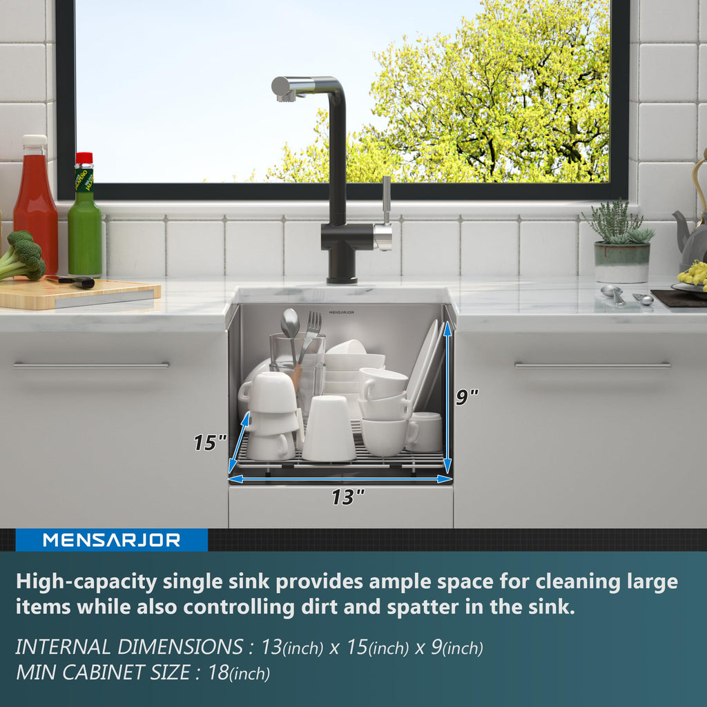 Undermount, 304 Stainless Steel Round Corner Single Bowl Deep Kitchen Sinks, 10-inch Deep Large Bar Sink, 15"X17"Inch