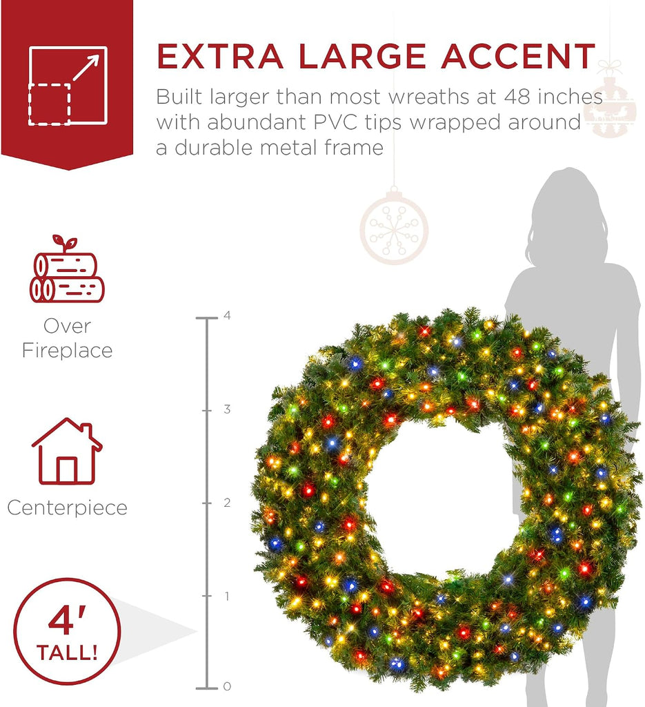 48in Large Artificial Pre-Lit Fir Christmas Wreath Holiday Accent Decoration w/ 250 Multicolor Lights, 714 PVC Tips