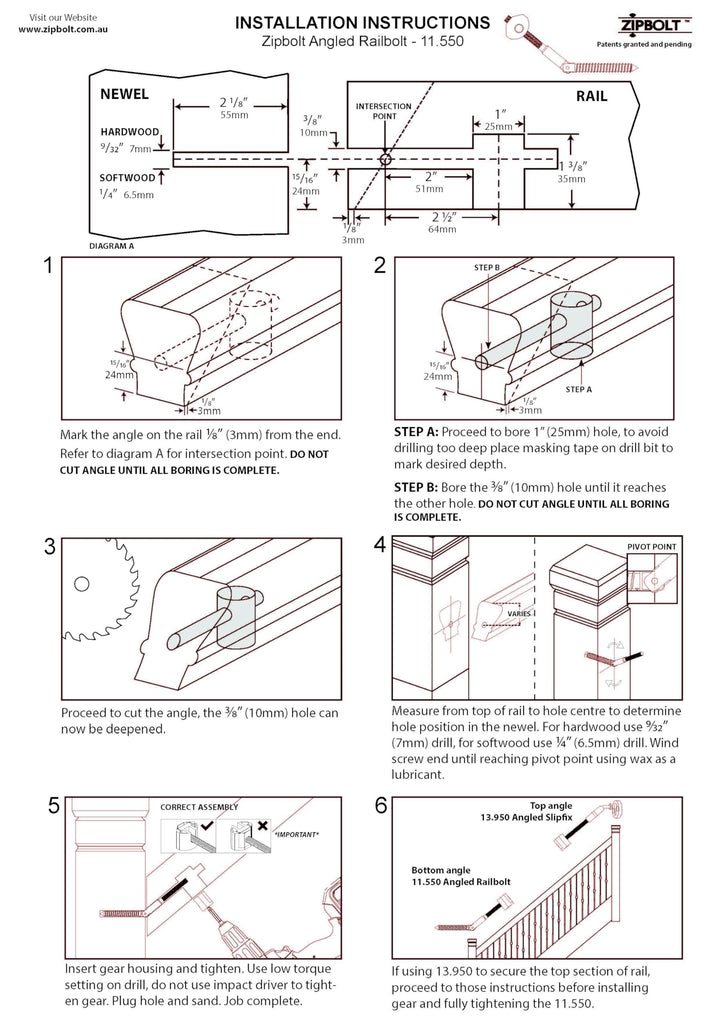 Angled Railbolt, Handrail to Newel Post, 5 x 2-Pack, 11.560
