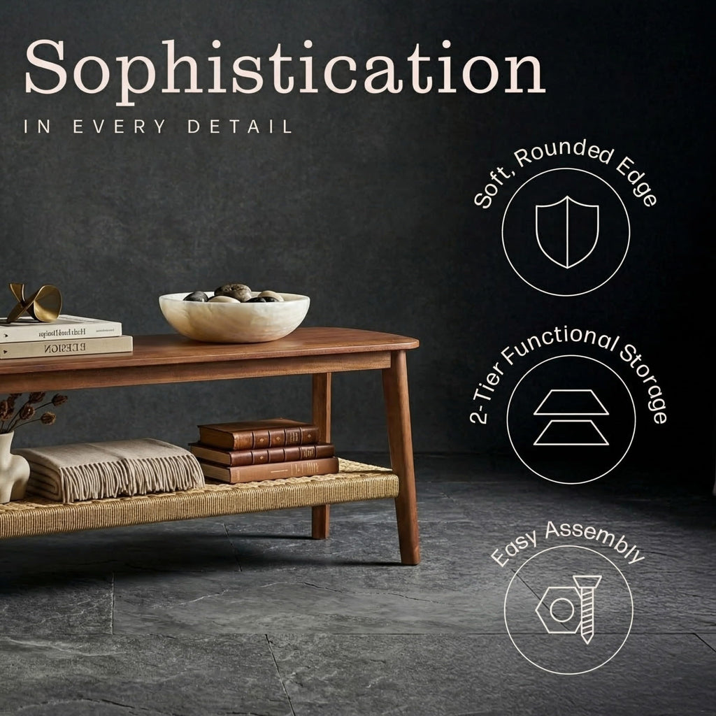 Calais Solid Wood Entryway Bench with Woven Storage Shelf, Chestnut, 48"