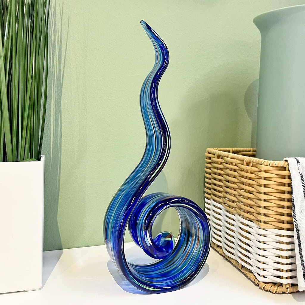 11.4" Tall Hand Blown Glass Sculpture, Murano Style Art , Modern Coastal Home Decor Accent for Shelf