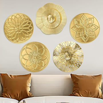 Inch Gold Metal Wall Art Decor Hanging Metal Flower Plate Modern Accent Wall Decorations Living Room Office - Set of 5