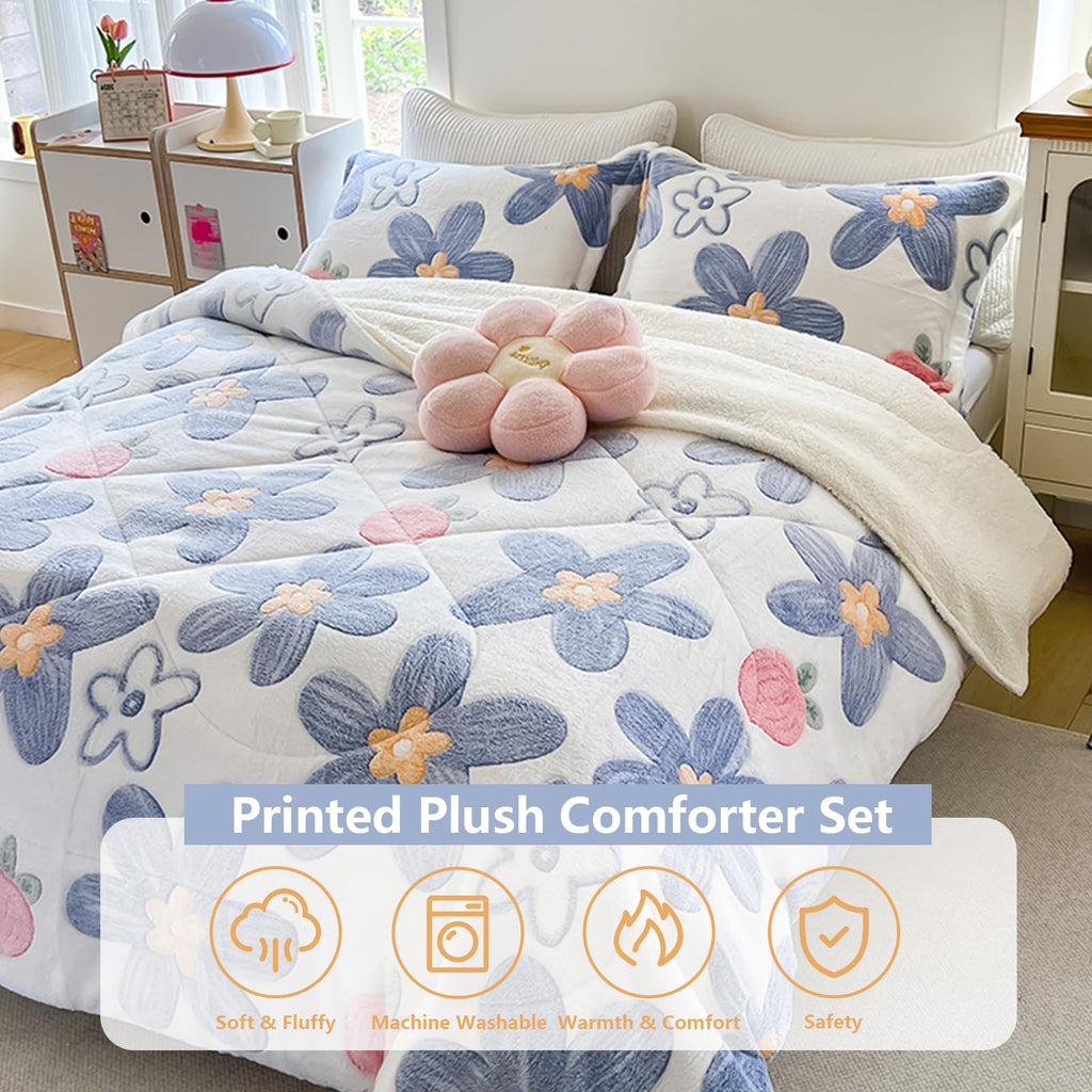 Blue Floral Fleece Comforter Set, 3 Piece Sherpa Bedding Set