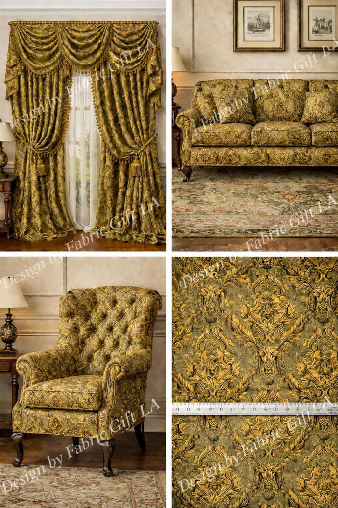 Luxury Chenille Upholstery Fabric by The Yard, Gold Olive Damask Pattern, Heavyweight Soft Durable Fabric for Sofa