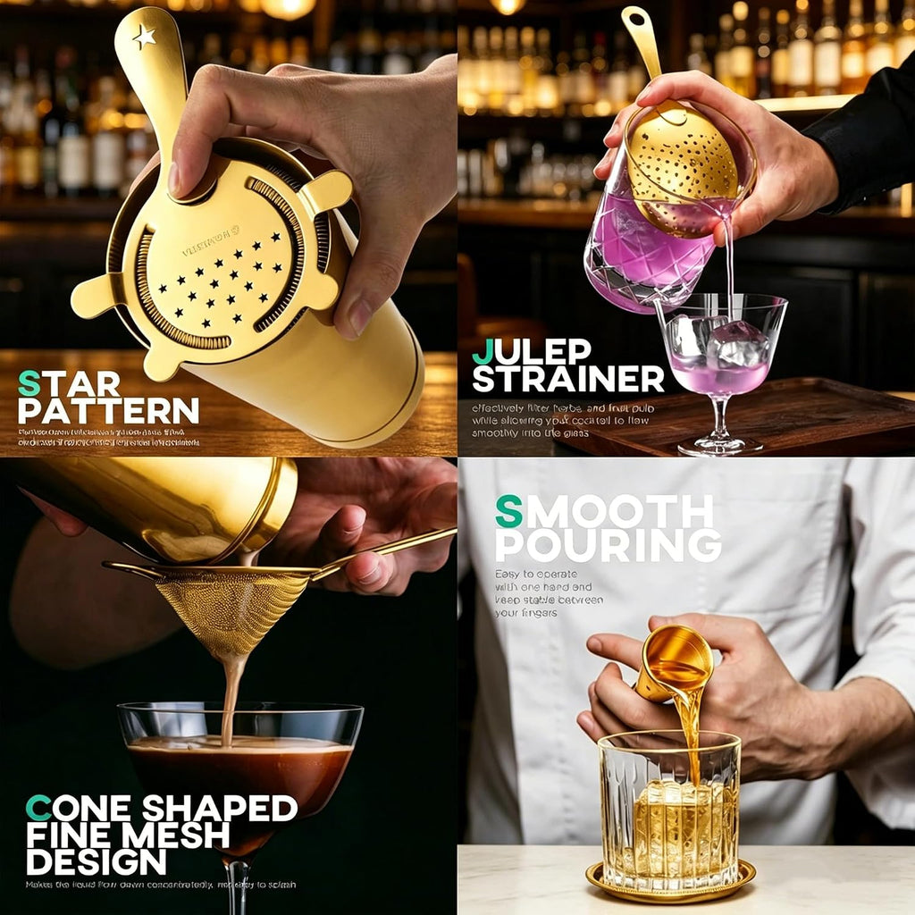 Cocktail Strainer Set, Stainless Steel Bar Tools Set, Gold - Set of 5
