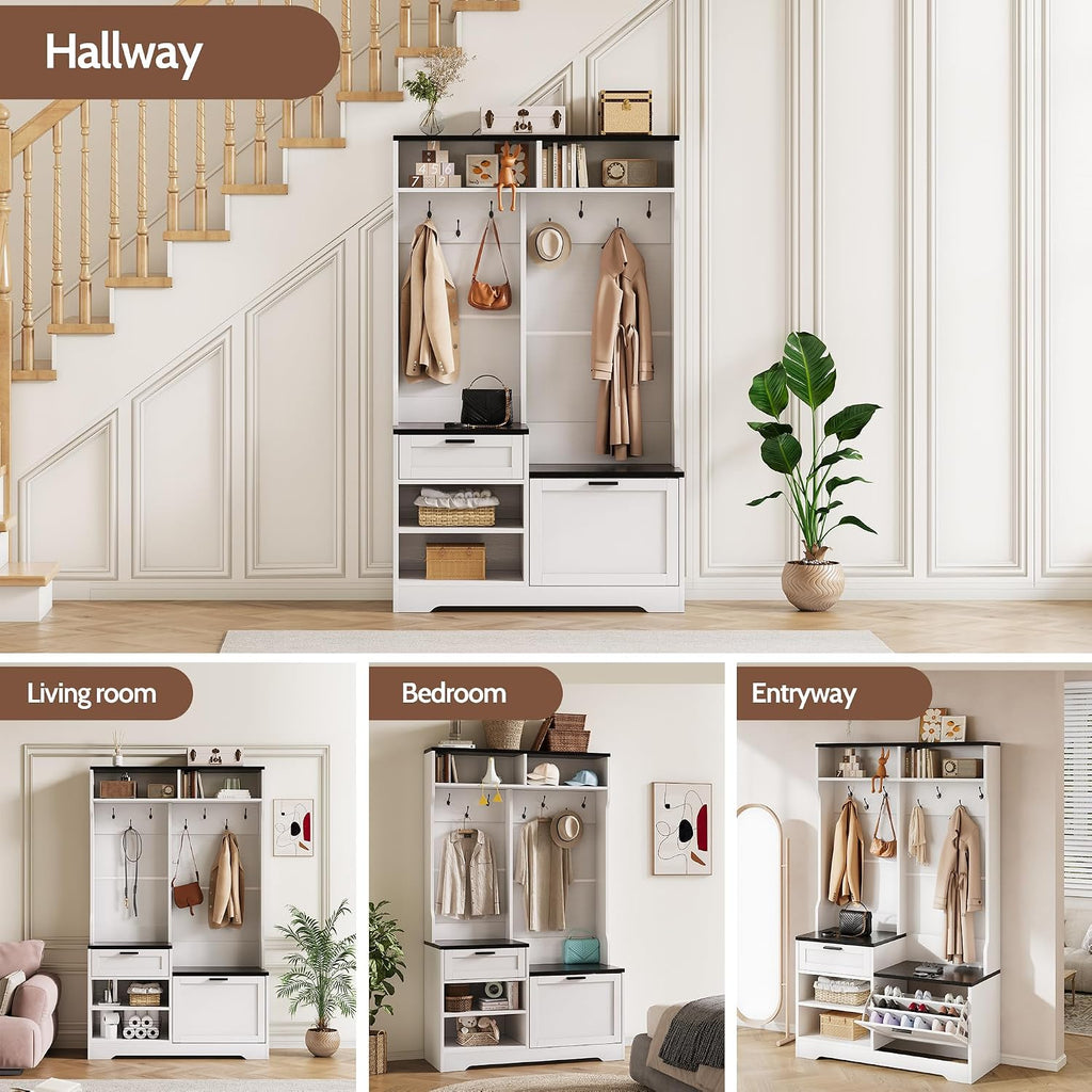Hall Tree with Bench and Shoe Storage, 6-in-1 Entryway Coat Rack with Flip Drawer Shoe Cabinet, 7 Hooks, 4 Storage