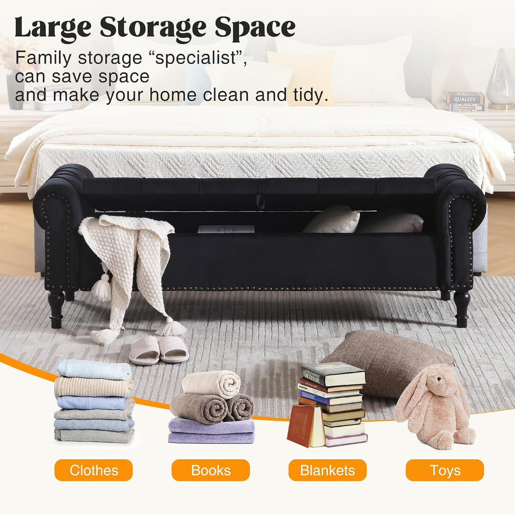 Storage Bed Bench , 67 Inches End of Bed Bench, Velvet King Size Bench with Arms, Tufted Button Storage Ottoman