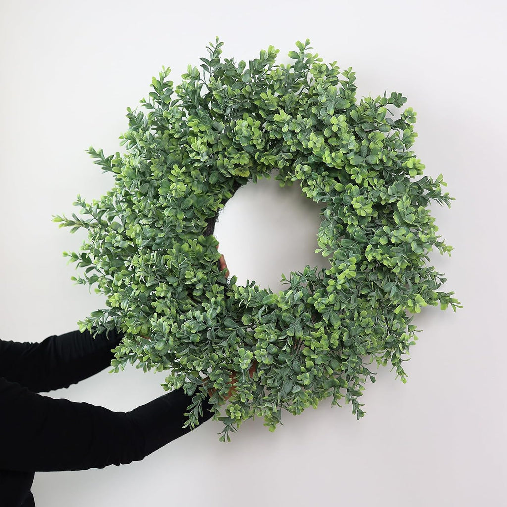 26" Artificial Boxwood Wreath Fake Plant for Front Door Decor (Green)