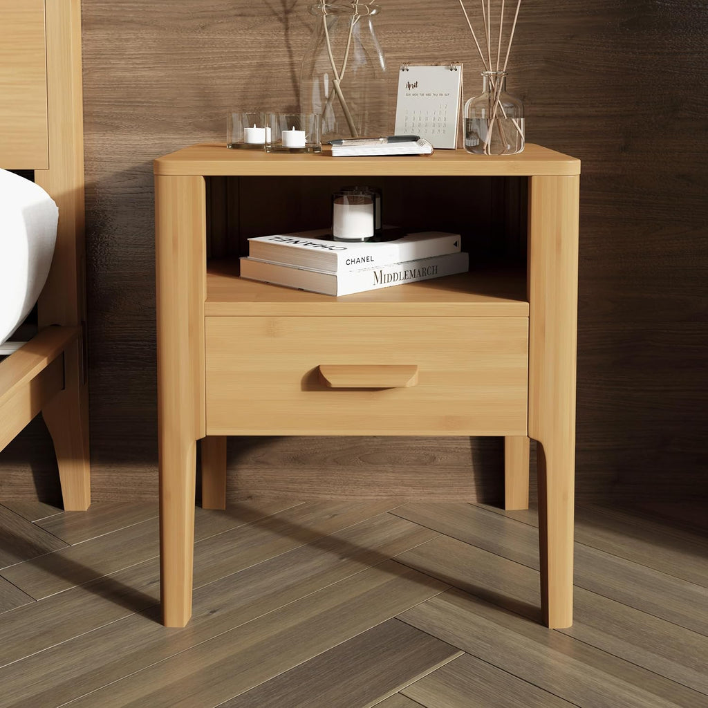 20 Inch Bamboo Nightstand with Drawer & Shelf, Mid-Century Modern Solid Bedside Table, Natural