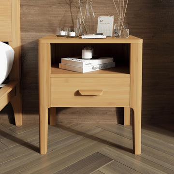 20 Inch Bamboo Nightstand with Drawer & Shelf, Mid-Century Modern Solid Bedside Table, Natural