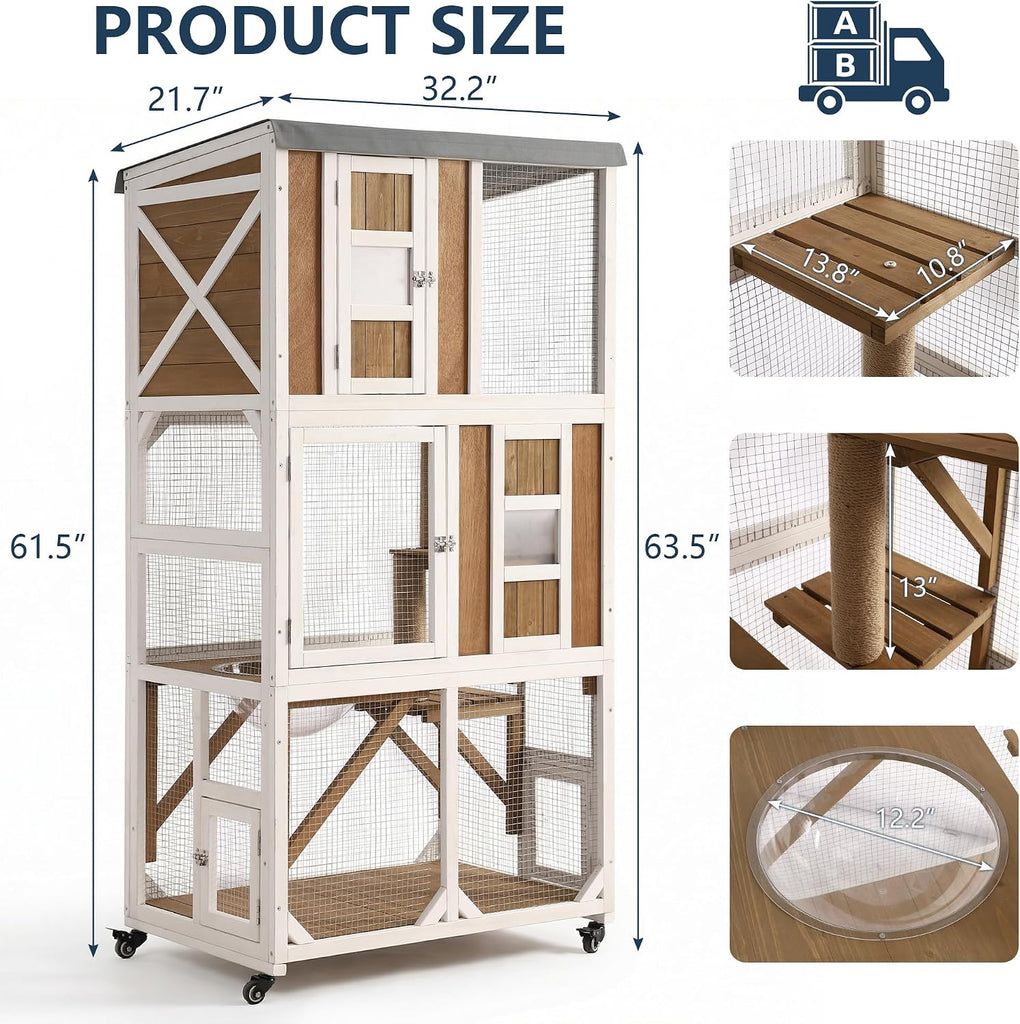 63.5" H Outdoor Cat Enclosure, Wooden Window Catio with Wheels