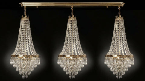 Set of 3 French Empire Crystal Chandeliers - Gold Finish - H30" X W17" 4 Lights Each - Dining Room, Foyer, Entry Way, Living Room