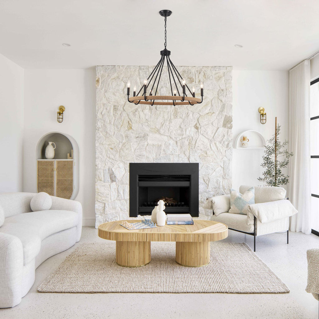 8-Light Dimmable Wagon Wheel Rattan Chandelier