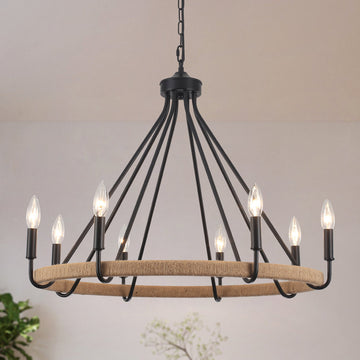 8-Light Dimmable Wagon Wheel Rattan Chandelier