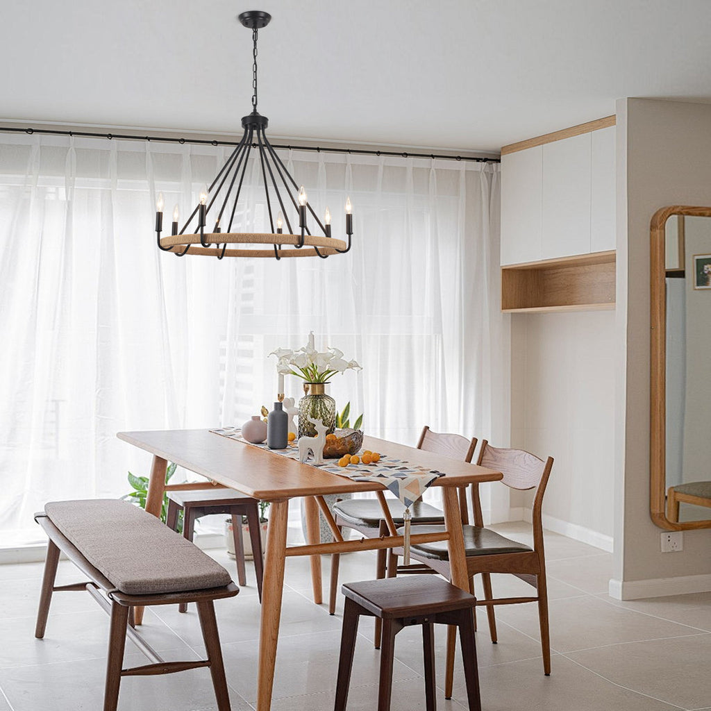 8-Light Dimmable Wagon Wheel Rattan Chandelier