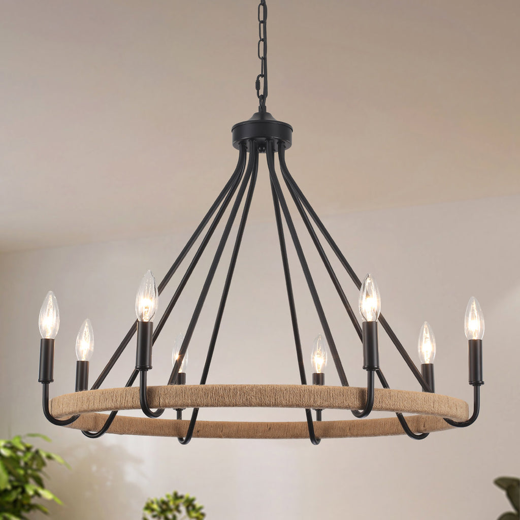 8-Light Dimmable Wagon Wheel Rattan Chandelier