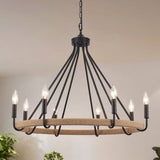8-Light Dimmable Wagon Wheel Rattan Chandelier