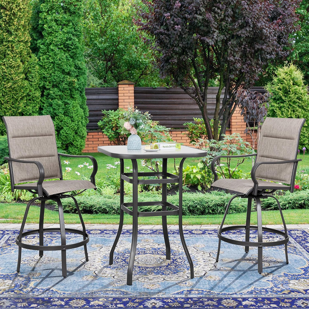 3 Piece Patio Swivel Bar Set, All Weather Mental Textilene High Swivel Bar Stools Chair Set of 2 and Glass Bar Table