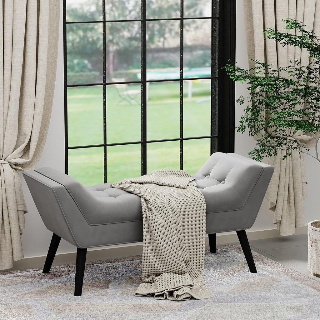 Tufted Bed Bench Fabric Ottoman Footstools for Bed Room -Gray