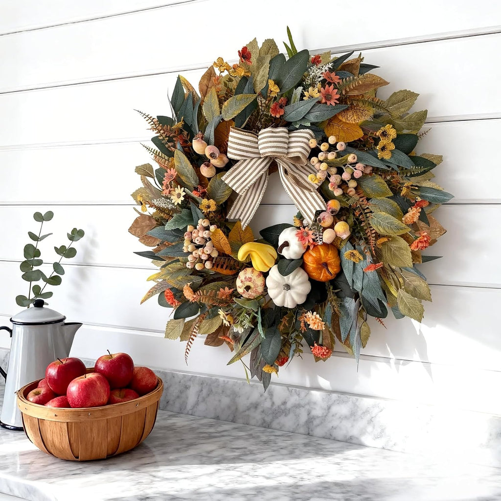 24 Inch Fall Wreath for Front Door,Pumpkin Wreath Farmhouse Decor