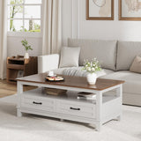 Farmhouse Coffee Table with Drawers, 47.2 in Center Table Rustic Coffee Tables White Brown Living Room Table