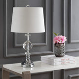 25.5" Clear Crystal and Chrome Table Lamp, Glam Faceted Sphere Bedside Lamp with White Linen Drum Shade