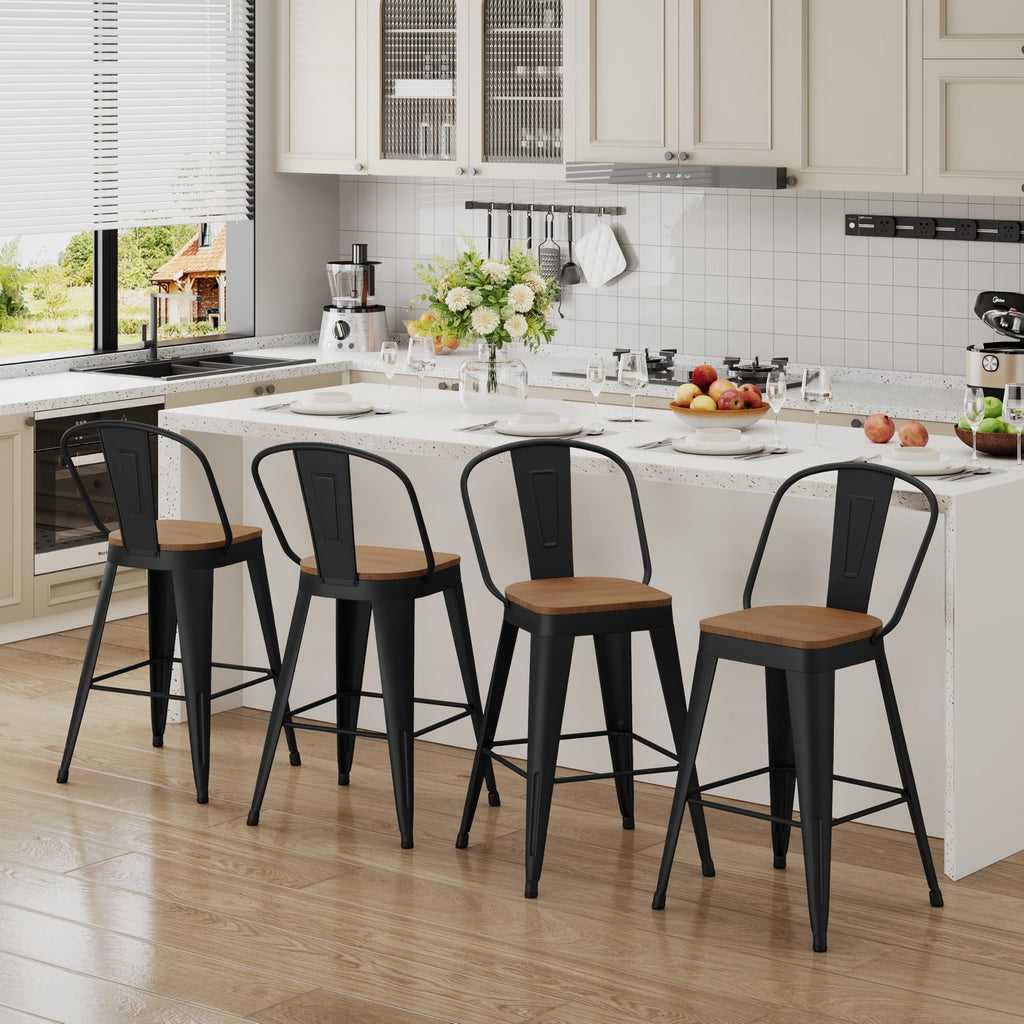 Metal Bar Stools Set of 2, 24" Counter Height with Backs, Black