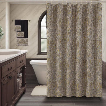 Textured Fabric Shower Curtain Set Damask Design, Taupe+Gold | Include 12 Metal Hooks, Royal Jacquard Bathroom Shower