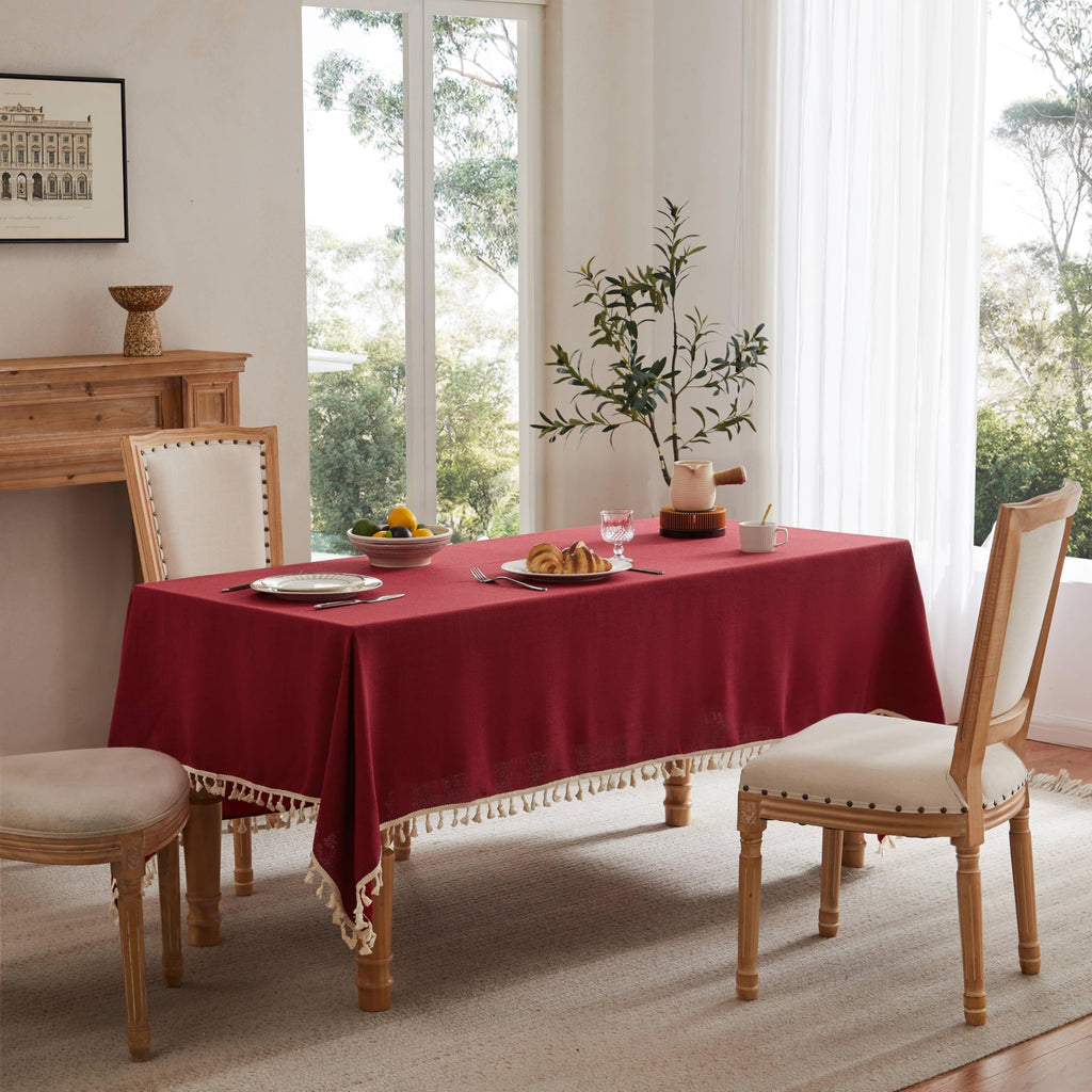 Tassel Linen Rectangular 6ft Table Cloth, Burgundy 60x104 Inch