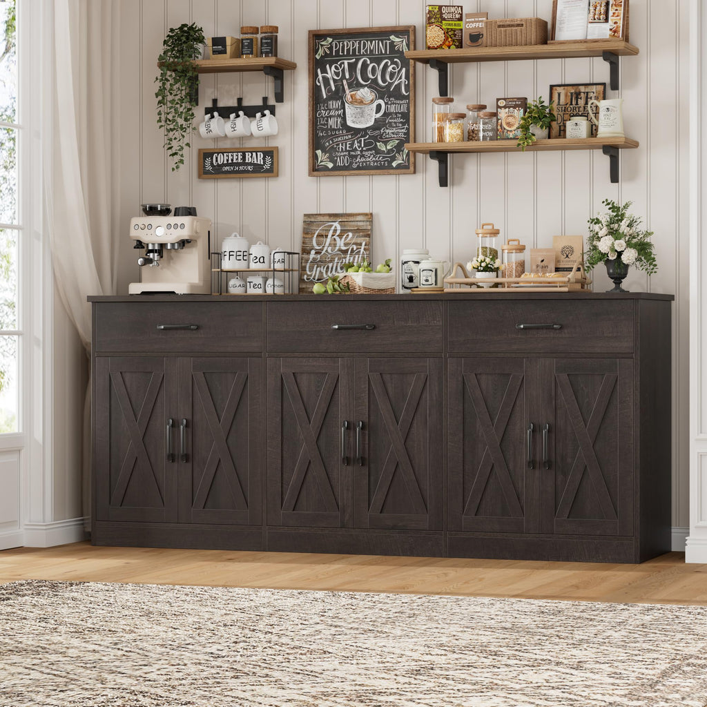71"W Farmhouse Kitchen Sideboard Buffet Cabinet with Storage, Brown