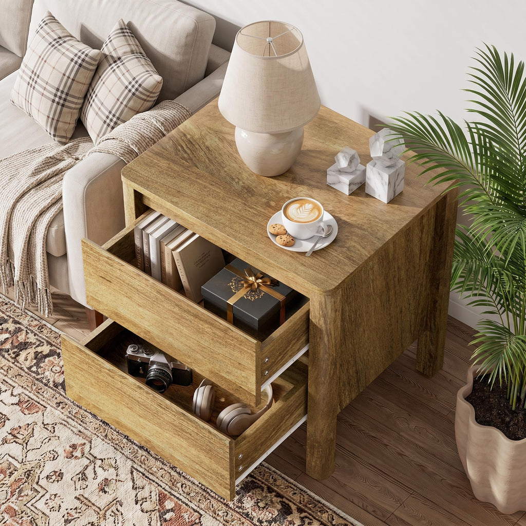 Mid Century Oak Nightstand with 2 Drawers, Modern Wooden Bedside Table with Hidden Handles and Wood Legs