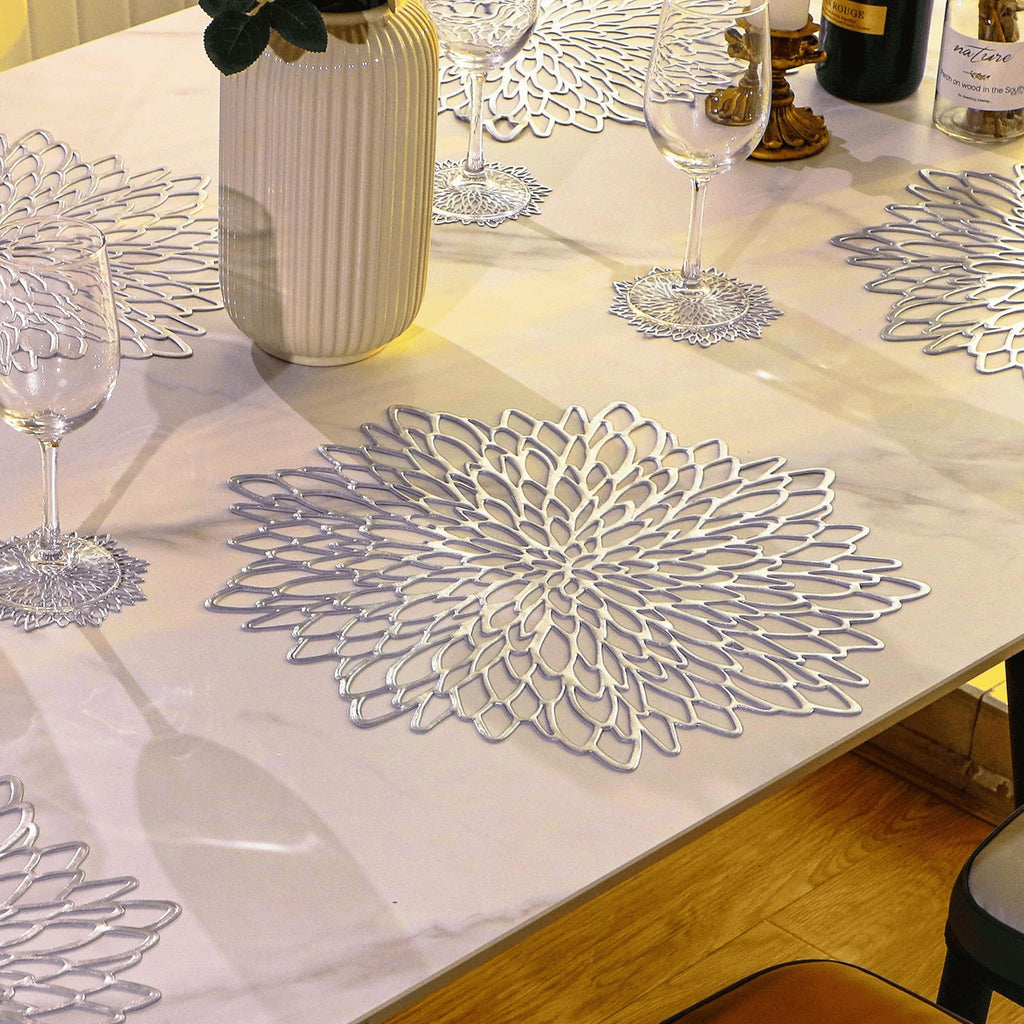 6 Pack Silver Placemats Metallic Glitter Pressed Vinyl Dinning Table Mats Decorative Round Leaf Charger for Winter