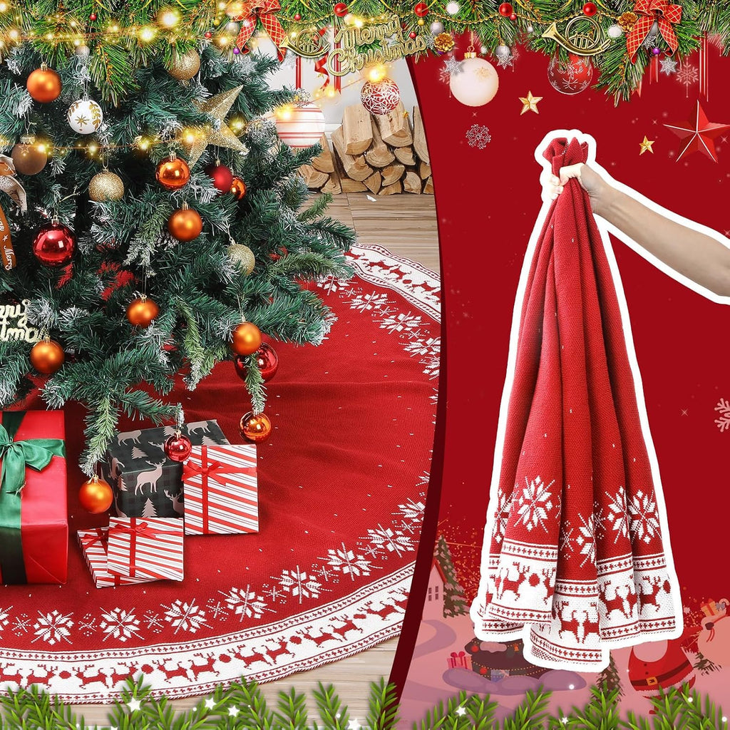 72 Inch Red Christmas Tree Skirt for 7.5 ft to 12ft Tree, Extra Large Vintage Christmas Knitted Tree Skirt Snowflake